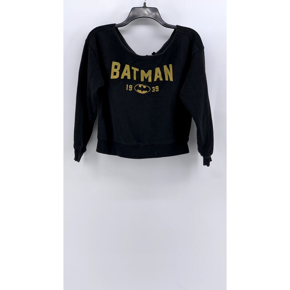 BATMAN Women's Washed Black Logo Crewneck Cropped Sweatshirt SZ XS